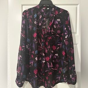 Kut from the Kloth Black Blouse with Pink, Purple & Blue Floral Print